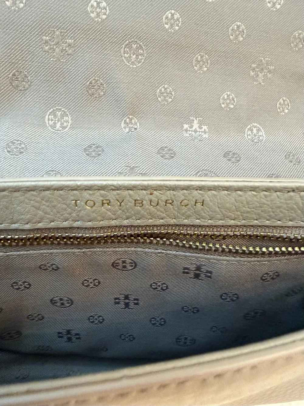 Tory Burch Amanda Gray Leather Logo Crossbody Chain Bag